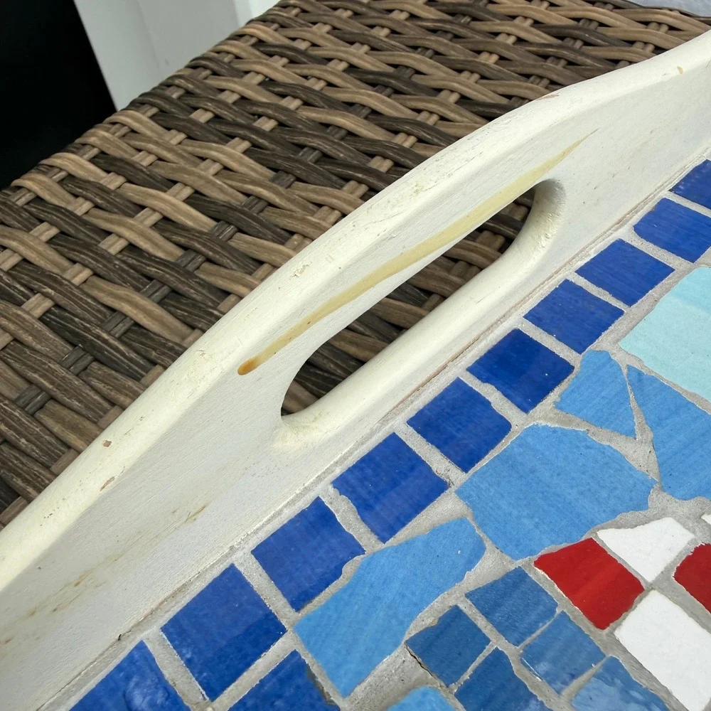Handmade Mosaic Sailboat Serving Tray Wooden Coastal Nautical Decorative 19x12